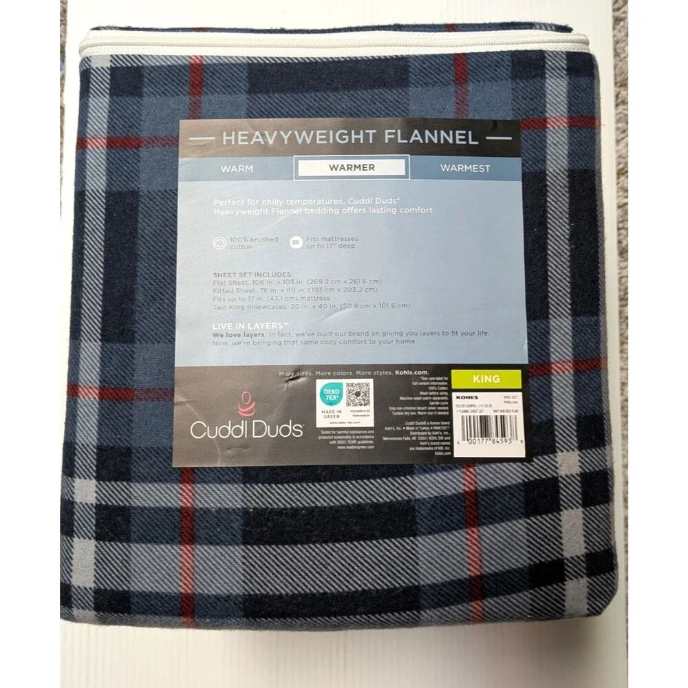 NEW Cuddl Duds King Heavyweight Cotton Flannel Sheet Set Navy And Red Plaid
